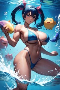 anime,muscular,huge boobs,30s age,angry face,blue hair,pigtails hair style,dark skin,comic,underwater,front view,spreading legs,bikini