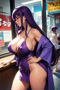 anime,muscular,huge boobs,40s age,shocked face,purple hair,straight hair style,dark skin,cyberpunk,lake,side view,yoga,bathrobe