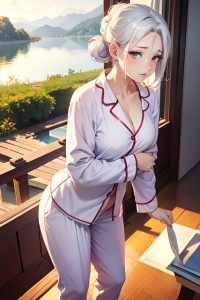 anime,busty,small tits,30s age,sad face,white hair,hair bun hair style,light skin,vintage,lake,front view,working out,pajamas
