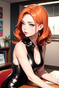 anime,busty,small tits,40s age,pouting lips face,ginger,straight hair style,light skin,vintage,office,side view,working out,latex