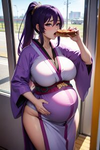anime,pregnant,huge boobs,20s age,ahegao face,purple hair,ponytail hair style,light skin,cyberpunk,train,side view,eating,kimono