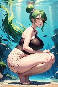 anime,pregnant,huge boobs,50s age,angry face,green hair,hair bun hair style,light skin,warm anime,underwater,side view,squatting,fishnet