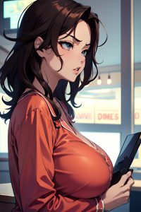 anime,busty,huge boobs,20s age,angry face,brunette,messy hair style,dark skin,vintage,bar,side view,gaming,pajamas