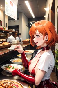 anime,busty,small tits,80s age,laughing face,ginger,slicked hair style,light skin,skin detail (beta),restaurant,side view,jumping,latex