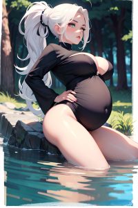 anime,pregnant,small tits,18 age,pouting lips face,white hair,slicked hair style,dark skin,charcoal,lake,side view,yoga,goth