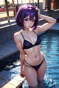 anime,muscular,small tits,20s age,sad face,purple hair,bobcut hair style,light skin,3d,mall,side view,bathing,schoolgirl
