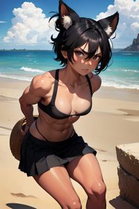 anime,muscular,small tits,30s age,angry face,black hair,pixie hair style,dark skin,painting,desert,front view,yoga,mini skirt