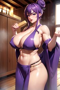 anime,muscular,huge boobs,50s age,ahegao face,purple hair,hair bun hair style,light skin,3d,sauna,front view,eating,kimono