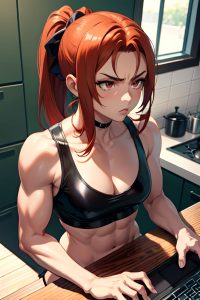 anime,muscular,small tits,50s age,serious face,ginger,ponytail hair style,dark skin,soft anime,kitchen,close-up view,gaming,latex