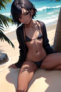 anime,skinny,small tits,40s age,happy face,black hair,pixie hair style,dark skin,charcoal,beach,front view,spreading legs,bathrobe