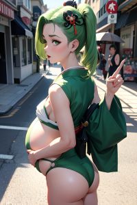 anime,pregnant,small tits,50s age,shocked face,green hair,slicked hair style,light skin,film photo,street,back view,spreading legs,geisha
