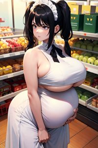 anime,pregnant,huge boobs,70s age,angry face,black hair,pigtails hair style,light skin,watercolor,grocery,side view,spreading legs,maid