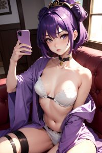 anime,skinny,small tits,20s age,sad face,purple hair,pixie hair style,dark skin,mirror selfie,couch,front view,working out,geisha