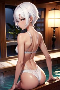 anime,skinny,small tits,50s age,serious face,white hair,pixie hair style,dark skin,skin detail (beta),hot tub,back view,massage,lingerie