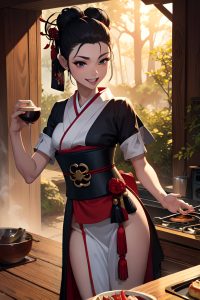 anime,skinny,small tits,20s age,laughing face,ginger,slicked hair style,dark skin,dark fantasy,forest,front view,cooking,geisha