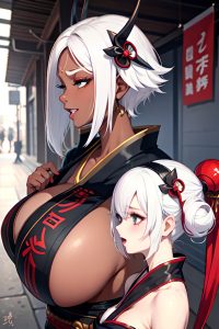 anime,skinny,huge boobs,40s age,laughing face,white hair,pixie hair style,dark skin,cyberpunk,party,side view,plank,geisha