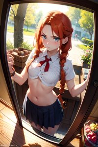 anime,skinny,small tits,18 age,angry face,ginger,braided hair style,light skin,mirror selfie,cave,front view,gaming,schoolgirl