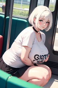anime,chubby,huge boobs,70s age,happy face,white hair,pixie hair style,light skin,crisp anime,bus,close-up view,bending over,goth
