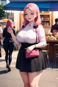 anime,chubby,small tits,60s age,laughing face,pink hair,slicked hair style,light skin,soft anime,cafe,front view,t-pose,goth
