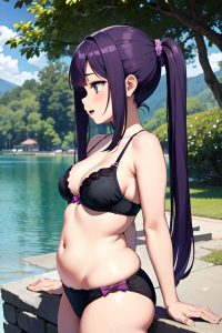 anime,chubby,small tits,18 age,orgasm face,purple hair,pigtails hair style,dark skin,illustration,lake,side view,on back,bra