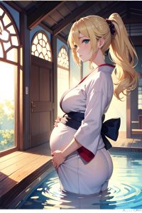 anime,pregnant,small tits,40s age,sad face,blonde,ponytail hair style,light skin,watercolor,church,back view,bathing,kimono