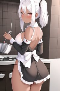 anime,busty,small tits,40s age,happy face,white hair,straight hair style,dark skin,black and white,shower,back view,cooking,maid