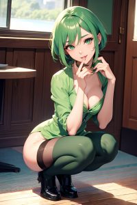 anime,skinny,small tits,30s age,seductive face,green hair,pixie hair style,dark skin,vintage,yacht,front view,squatting,stockings