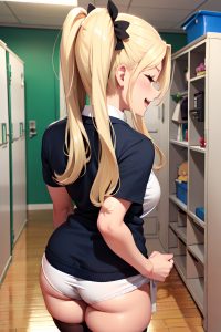 anime,busty,small tits,50s age,laughing face,blonde,pigtails hair style,dark skin,crisp anime,locker room,back view,sleeping,stockings