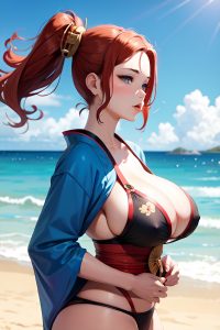 anime,busty,huge boobs,40s age,pouting lips face,ginger,ponytail hair style,light skin,painting,beach,side view,working out,geisha