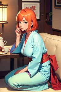 anime,skinny,small tits,40s age,seductive face,ginger,bangs hair style,dark skin,watercolor,couch,side view,squatting,kimono