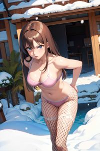 anime,busty,small tits,70s age,angry face,brunette,straight hair style,dark skin,warm anime,snow,side view,bending over,fishnet
