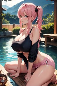 anime,skinny,huge boobs,70s age,orgasm face,pink hair,pigtails hair style,dark skin,soft + warm,onsen,side view,yoga,mini skirt
