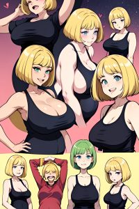 anime,pregnant,huge boobs,80s age,laughing face,blonde,bobcut hair style,light skin,illustration,club,side view,yoga,goth