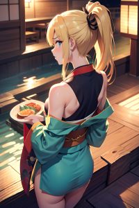 anime,skinny,small tits,18 age,angry face,blonde,ponytail hair style,light skin,illustration,onsen,back view,eating,kimono