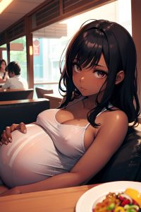 anime,pregnant,small tits,70s age,sad face,black hair,messy hair style,dark skin,skin detail (beta),restaurant,close-up view,on back,goth