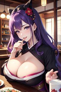 anime,busty,huge boobs,40s age,laughing face,purple hair,straight hair style,light skin,charcoal,bar,front view,eating,geisha