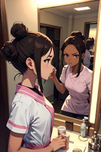 anime,skinny,small tits,18 age,angry face,brunette,hair bun hair style,dark skin,mirror selfie,restaurant,side view,gaming,nurse