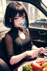 anime,busty,small tits,50s age,laughing face,black hair,bangs hair style,light skin,cyberpunk,car,close-up view,cooking,goth
