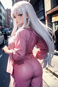 anime,chubby,small tits,70s age,shocked face,white hair,straight hair style,light skin,film photo,street,back view,on back,pajamas