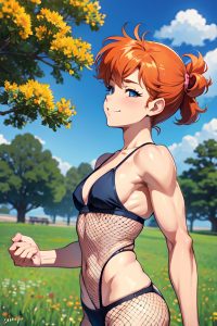anime,muscular,small tits,80s age,happy face,ginger,slicked hair style,light skin,warm anime,meadow,side view,cumshot,fishnet