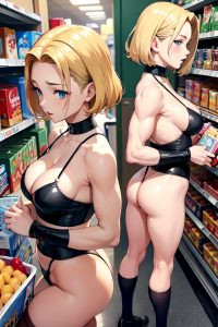 anime,muscular,small tits,40s age,shocked face,blonde,slicked hair style,light skin,comic,grocery,back view,squatting,stockings