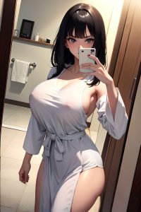 anime,skinny,huge boobs,30s age,serious face,black hair,bangs hair style,light skin,mirror selfie,forest,front view,t-pose,bathrobe