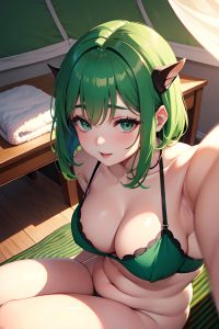 anime,chubby,small tits,30s age,seductive face,green hair,pixie hair style,light skin,mirror selfie,tent,side view,massage,goth