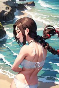 anime,skinny,small tits,20s age,laughing face,brunette,braided hair style,light skin,illustration,beach,back view,sleeping,schoolgirl
