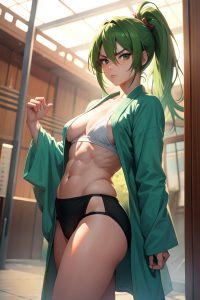 anime,muscular,small tits,30s age,angry face,green hair,ponytail hair style,light skin,cyberpunk,onsen,front view,working out,bathrobe