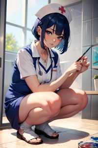 anime,pregnant,small tits,30s age,serious face,blue hair,bangs hair style,dark skin,painting,shower,close-up view,squatting,nurse