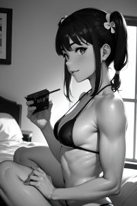 anime,muscular,small tits,40s age,happy face,ginger,pigtails hair style,light skin,black and white,bedroom,side view,eating,bikini