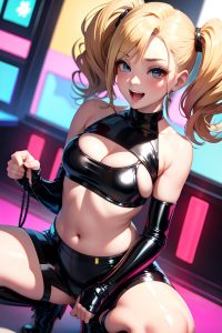 anime,busty,small tits,80s age,laughing face,blonde,pigtails hair style,light skin,cyberpunk,stage,close-up view,squatting,latex