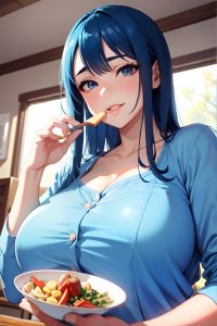 anime,chubby,huge boobs,18 age,happy face,blue hair,slicked hair style,light skin,watercolor,snow,close-up view,eating,pajamas
