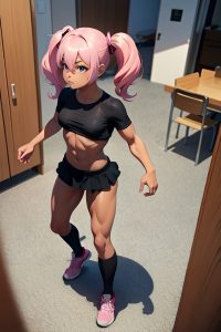 anime,muscular,small tits,60s age,sad face,pink hair,pigtails hair style,dark skin,3d,office,front view,plank,mini skirt